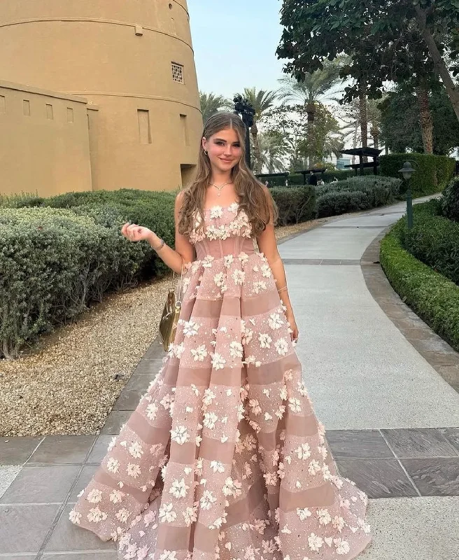 Garden Arabic Blush Pink Bloom Evening Dresses 3D Flower Shiny Lace A-line Evening Gowns Wedding Guest Dresses