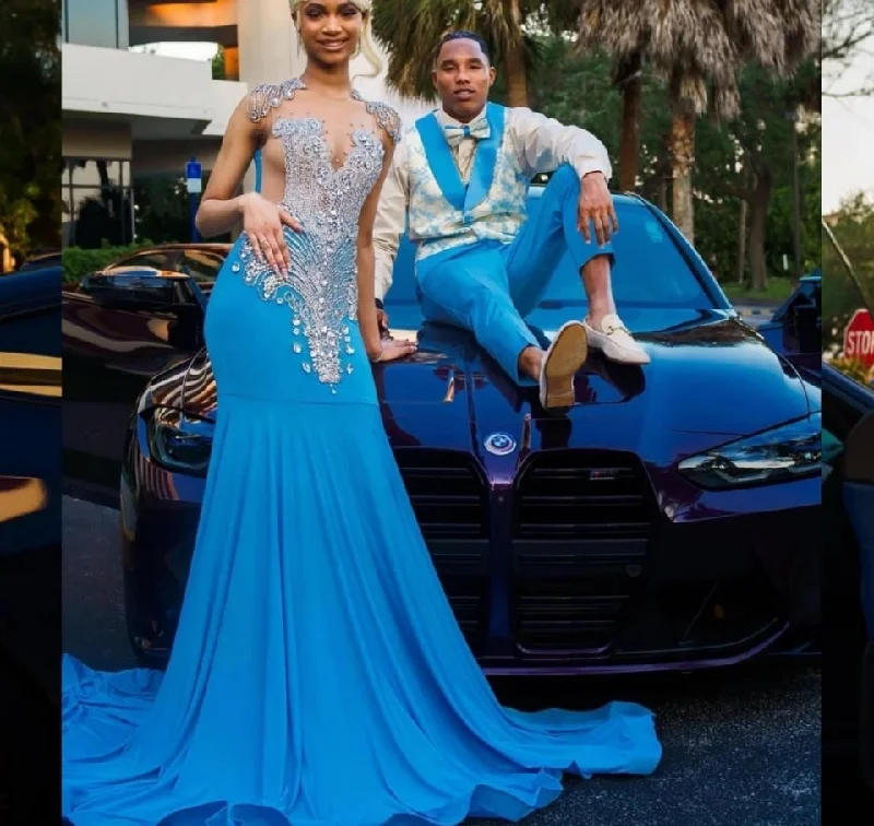 Glitter Blue Mermaid Prom Dress For Black Girls 2024 Silver Daimond Rhinestone Beaded Party Gowns Vestidos De Gala