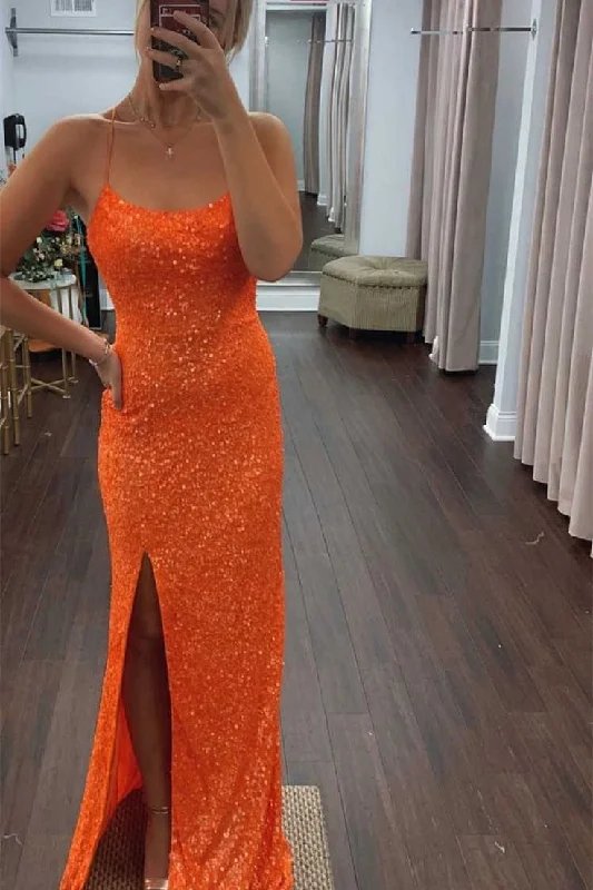 Glitter Orange Sequins Long Prom dress with Slit    S2426