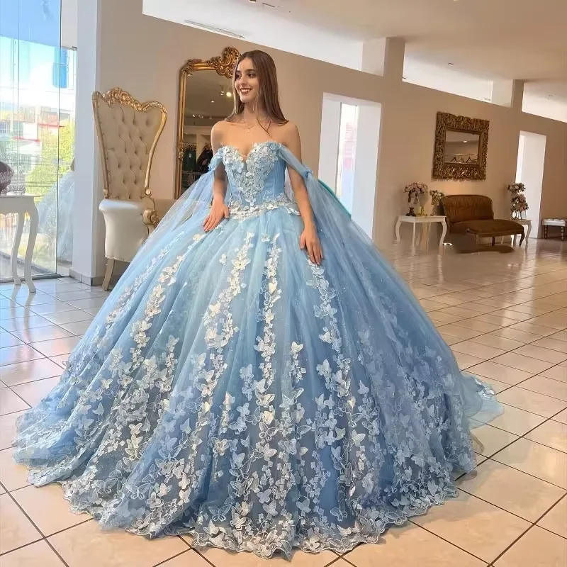 Glittering Light Blue Butterfly Quinceanera Dresses Off-Shoulder Luxury Lace Vestidos De 15 Anos Birthday Party