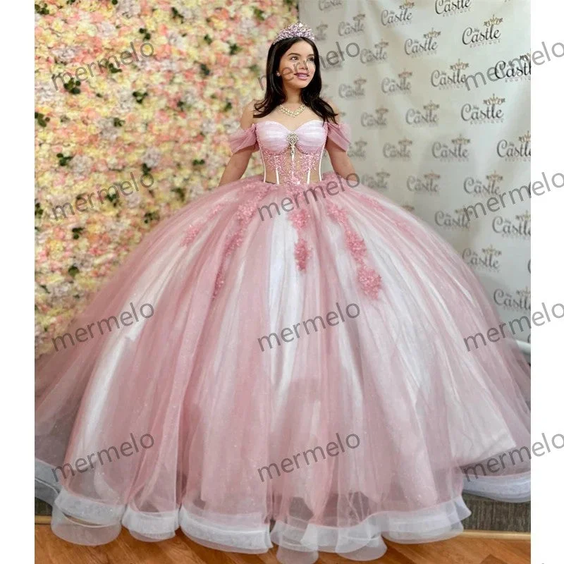 Glittering Pink Quinceanera Dress Crystal Beading Lace