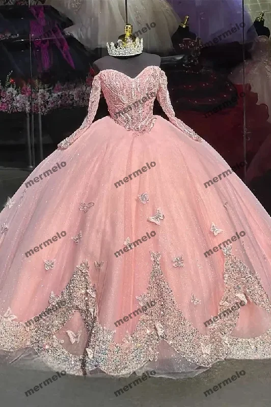 Glittering Pink Quinceanera Dresses Off-Shoulder Long Sleeves Butterfly Appliques Princess Birthday Party Vestidos