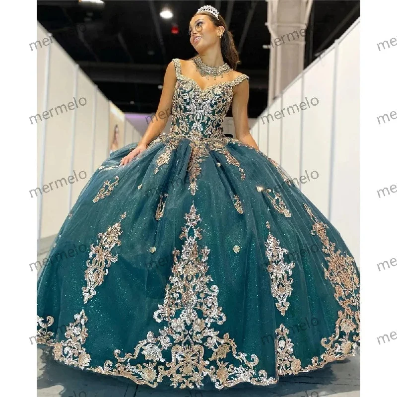 Glittering Quinceanera Dresses Gold Lace Appliques