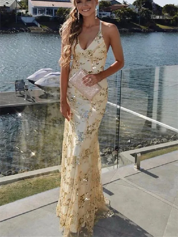 Gold Sequin Mermaid Backless V-Neck Prom Dresses     S3255