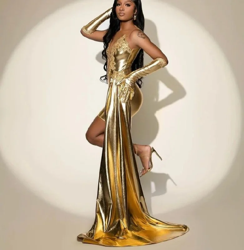 Golden Shinny Beading Short Prom Gowns With Gloves And Train Mermaid Birthday Dress 2024 Luxious vestidos de graduación