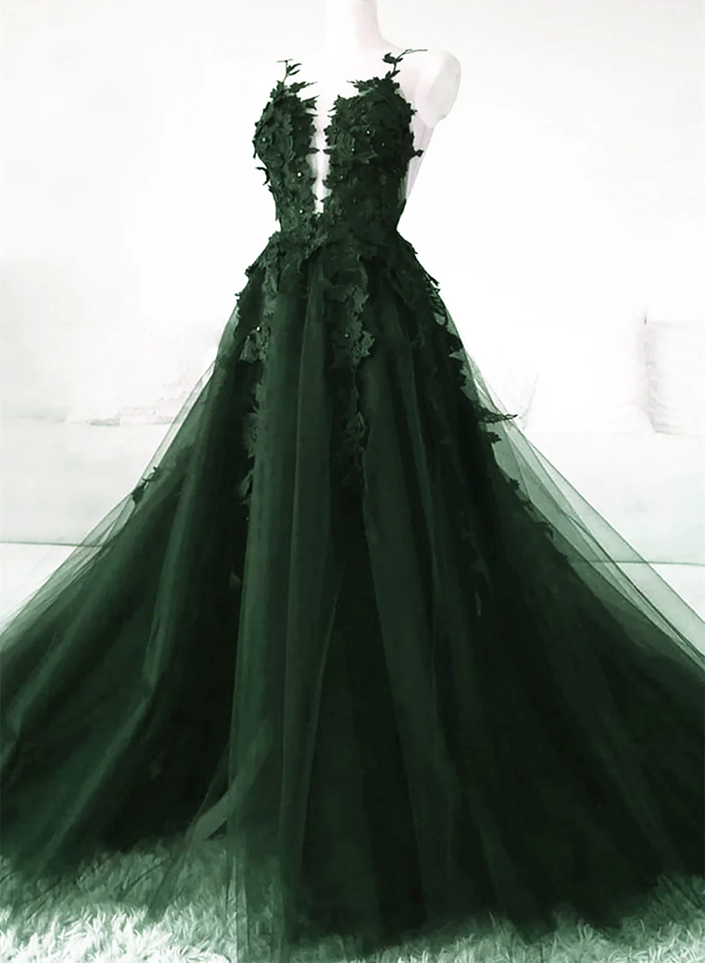 Green A-Line Tulle With Lace Low Back Prom Dress, Green Tulle Evening Dress Party Dress    S2562