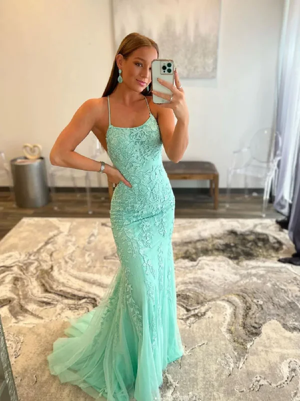 Green Lace Mermaid Long Prom Dress,Backless Formal Dress     S2429