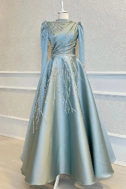 High Collar Long Sleeves A-Line Beads Prom Dress With Pleated Appliques      S3579