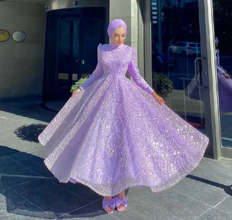 Lavender Muslim Evening Dresses Long Sleeves Sequined A-Line Formal Party Gowns Ankle Length Saudi Arabic Prom Dress Dubai