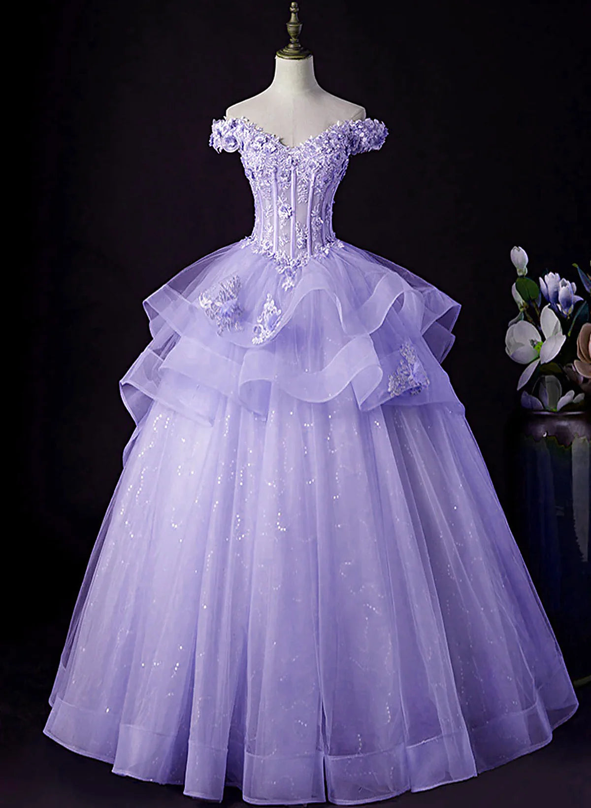 Light Purple Tulle With Lace Off Shoulder Sweet 16 Dress, Light Purple Formal Dress     S2557