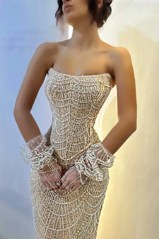 Luxury Arabic Champagne Sequined Pearls Evening Dresses Mermaid Strapless Beaded With Sleeves Formal Prom Party Gowns Vestidos