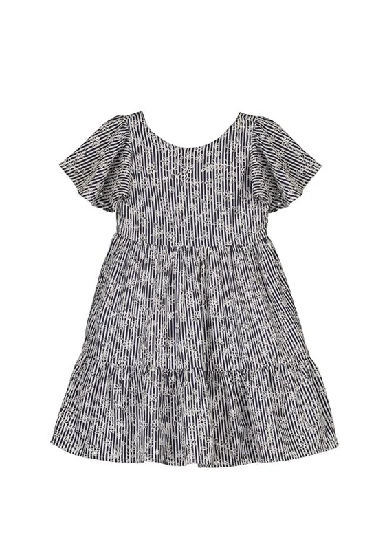 Mayoral Girl Short Sleeve Floral and Stripe Dress, Navy