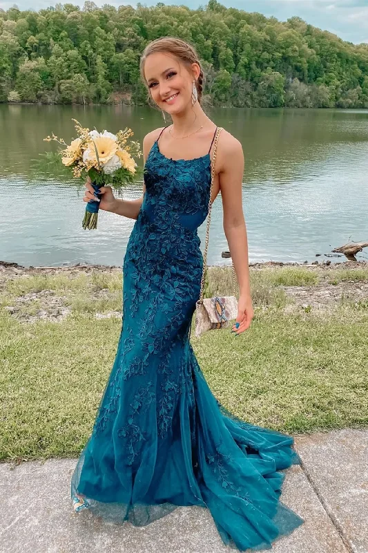 Mermaid Backless Blue Tulle Lace Long Prom Dresses, Blue Lace Formal Dresses, Mermaid Blue Evening Dresses     S2428