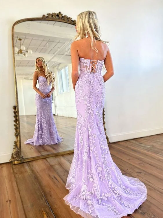 Mermaid Sweetheart Neck Lace Purple Long Prom Dress, Purple Formal Dress    S2460