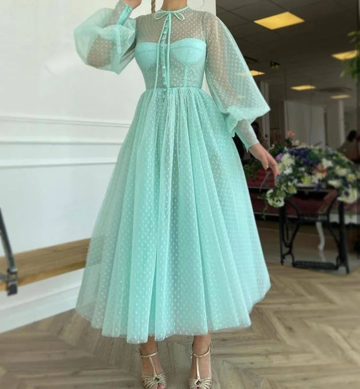 Mint Green Long Lantern Sleeve Ankle Length Dress      S3121