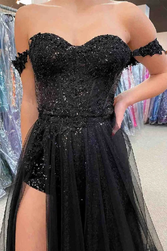 Off-Shoulder A-line Tulle Applique Long Prom Dress      S3357