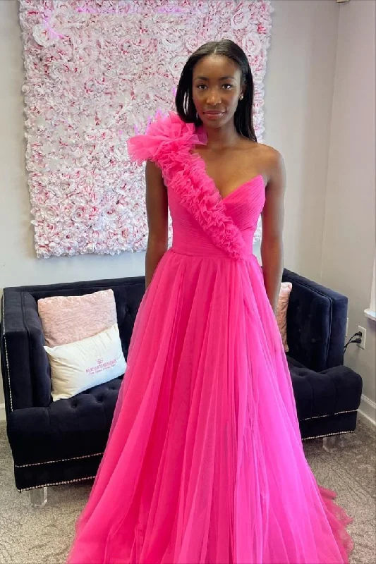 One Shoulder Hot Pink Pleated Long Formal Dress       S3629