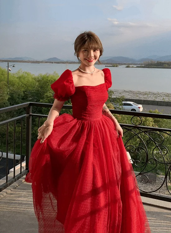 Red Short Sleeves Tulle Prom Dress Party Dress, Red Evening Gown Formal Dresses     S2424