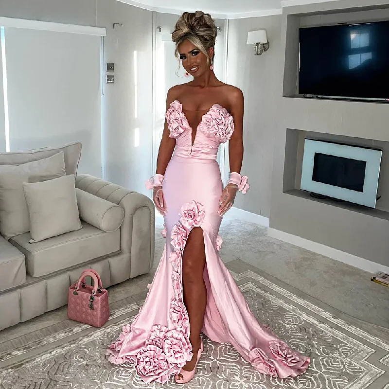 Satin Evening Dresses Pink Deep V Neck Side Slit Mermaid Sexy Evening Gowns for Women 3D Flowers Backless Lace Up Prom Dress