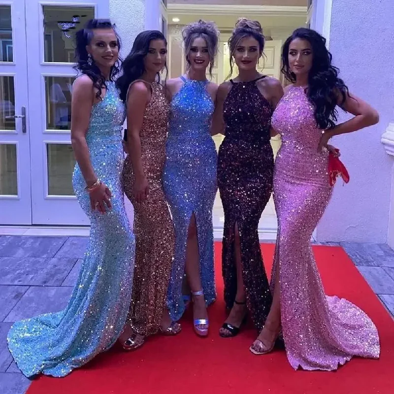 Sexy Glitter Mermaid Prom Dresses 2024 Halter Neck Formal Homecoming Dress For Sweet Girl Plus Size Split Evening Party Gowns