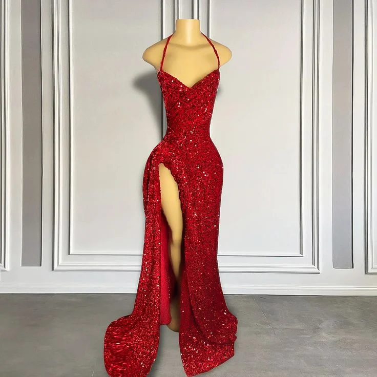 Sexy High Slit Halter Sleeveless Sparkly Red Sequined Long Prom Dresses for Black Girls     S3641