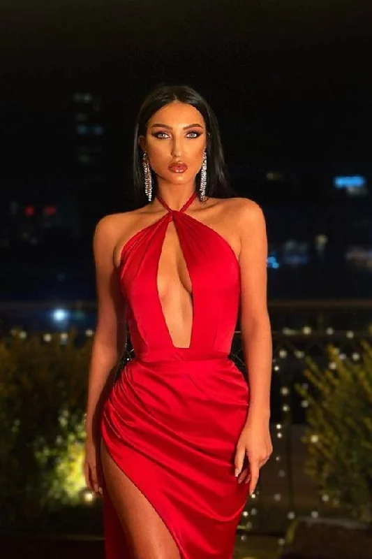 Sexy Mermaid Halter Red Satin Deep V Neck Prom Evening Dresses with High Split,Evening Party Dresses     S3606