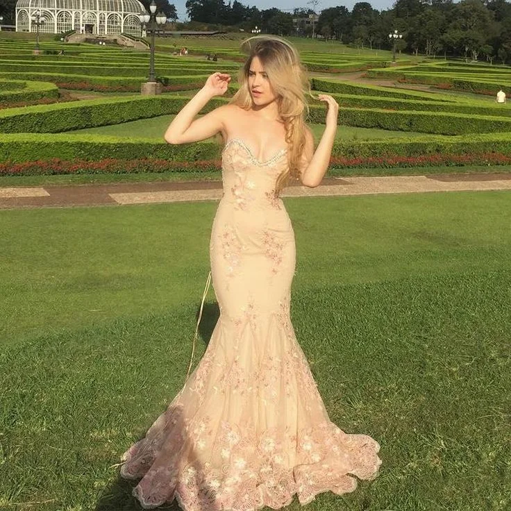 Sexy Nude Sweetheart Strapless Mermaid Lace Long Prom Dress        S3534