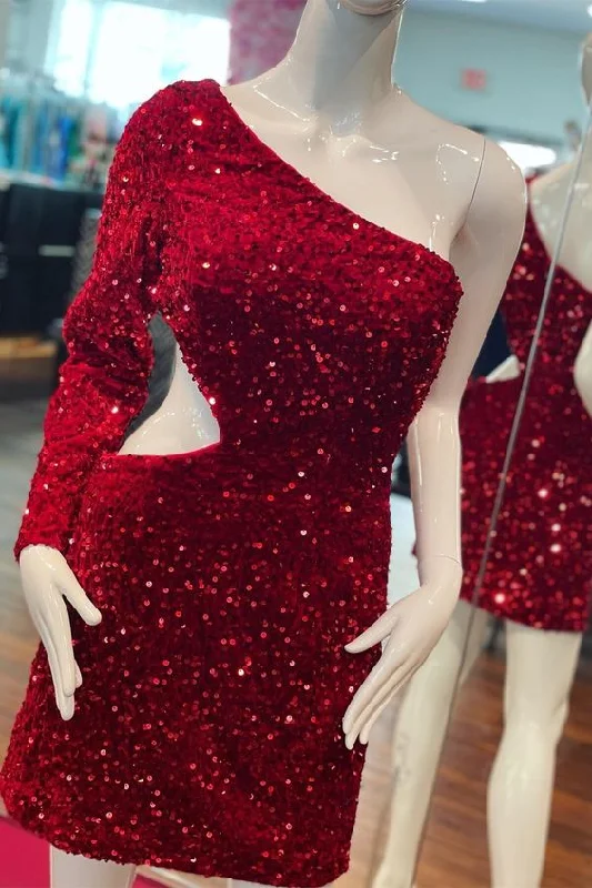 Sexy One Shoulder Long Sleeve Red Sequin Party Dress     S3152