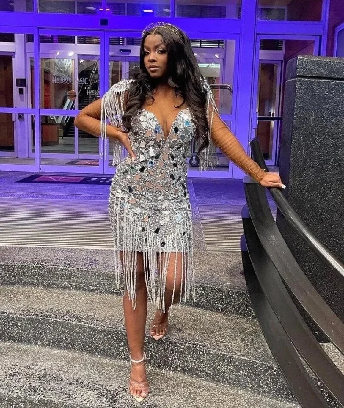 Sexy Silver Backless Short Prom Dresses For Black Girl Robe De Soiree Party Birthday Homecoming Party Gowns