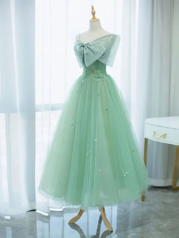 Simple Green Tulle Tea Length Prom Dress, Green Tulle Homecoming Dresses      S2689