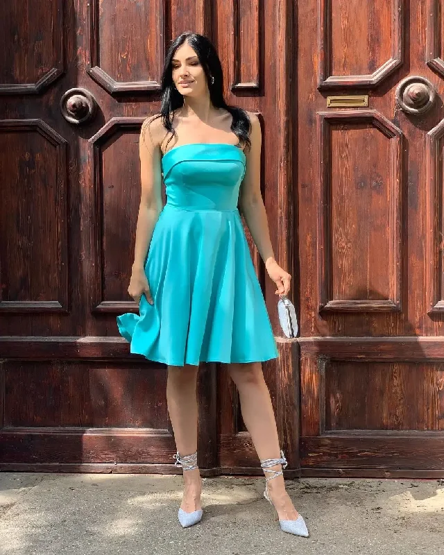 Simple Satin Strapless A-line Evening Dresses Lake Blue Backless Sleeveless Party Dress Elegant Summer Fashion Mini Prom Gowns