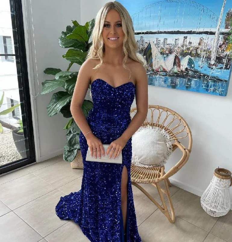 Sparkly Long Royal Blue Prom Dresses Sequins Sleeveless Formal Gowns Cheap     S2326