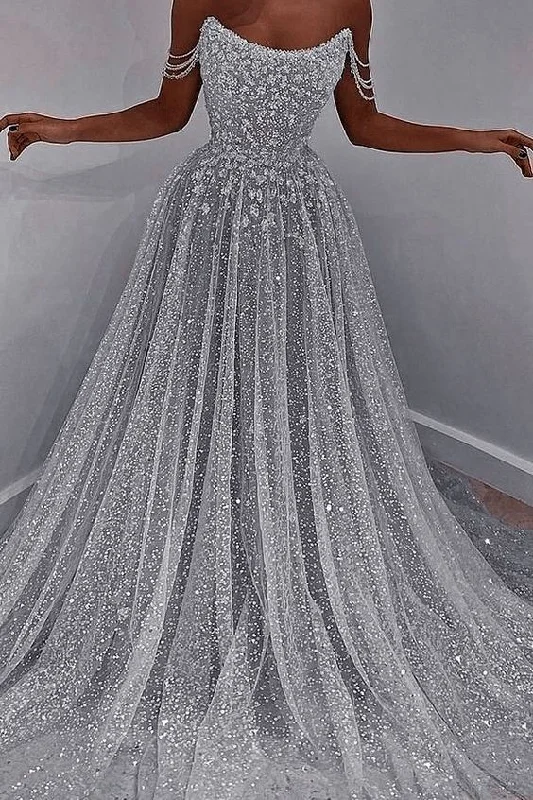 Sparkly Silver A-line Off Shoulder Long Prom Dresses     S2901