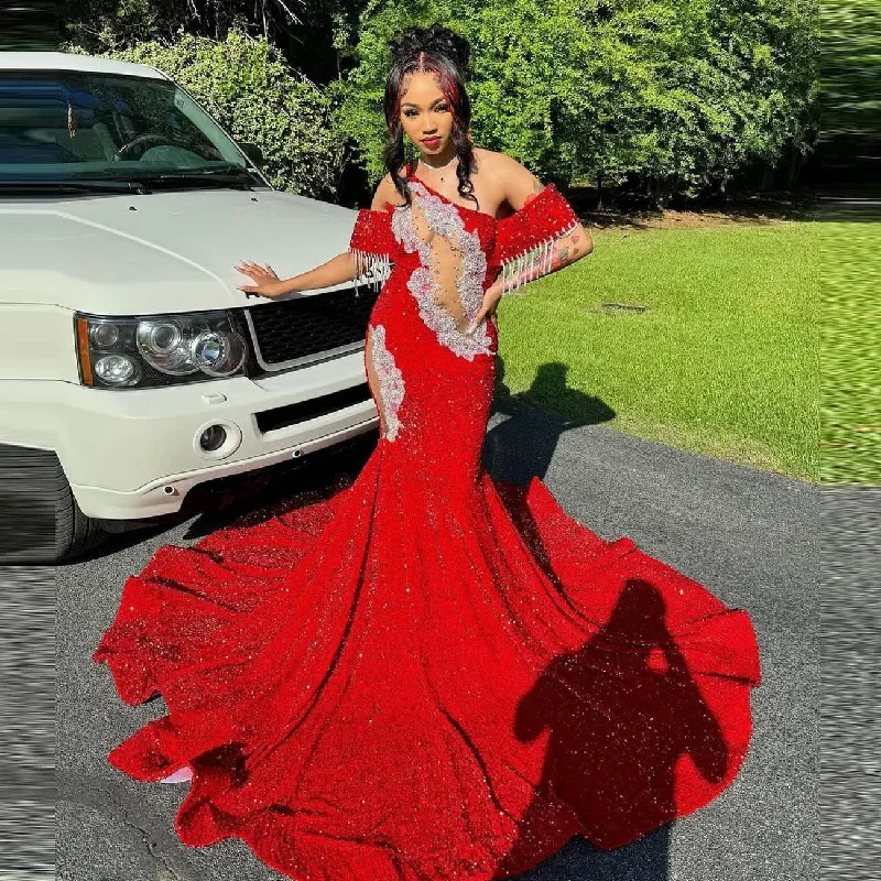 Stunning Sequined Prom Dresses long Appliques Tassels Sexy One Shoulder Mermaid Evening Gowns Red Wedding Reception Dress