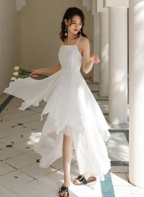 White Chiffon High Low Chic Simple Wedding Party Dress, White Short Prom Dress Graduation Dress     S3375