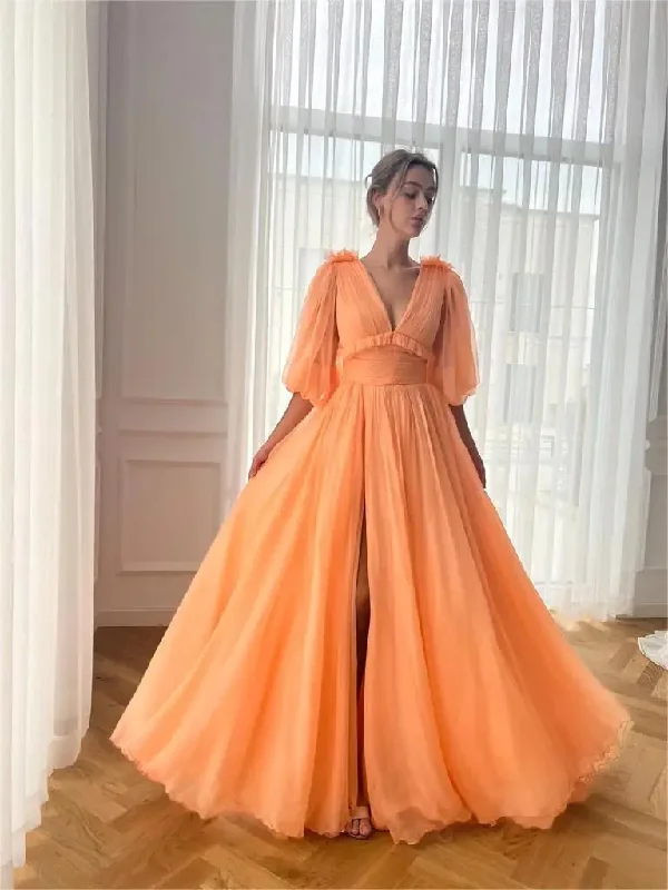 Women's V Neck Puffy Sleeve Prom Dresses Open Back Long Chiffon High Slit Formal Party Gown with Pockets