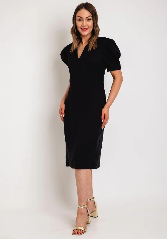 Camelot V-Neck Puff Sleeve Knee Length Dress, Black