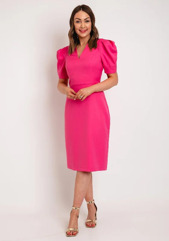 Camelot V-Neck Puff Sleeve Knee Length Dress, Pink