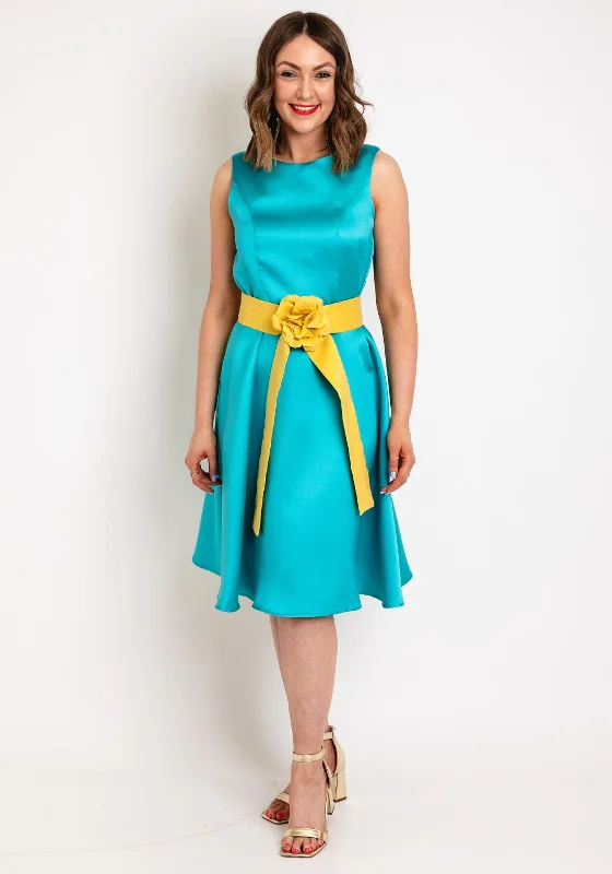 Camelot Corsage Belt A-Line Knee Length Dress, Turquoise