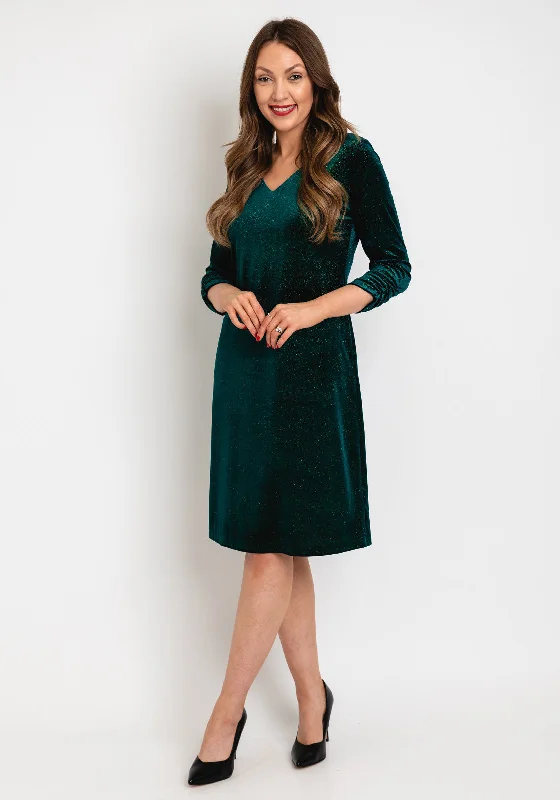 Leon Collection Ruched Sleeve Shimmer Knee Length Dress, Forest Green