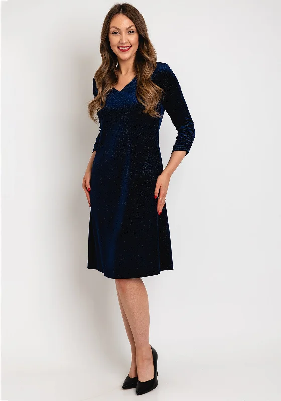 Leon Collection Ruched Sleeve Shimmer Knee Length Dress, Navy