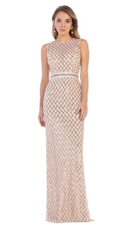 May Queen - MQ1606 Sequined Lattice Sheer Sheath Gown