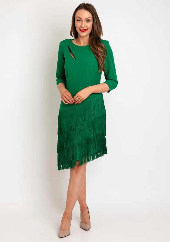 Olimara Tiered Fringe Tassel Skirt Knee Length Dress, Green