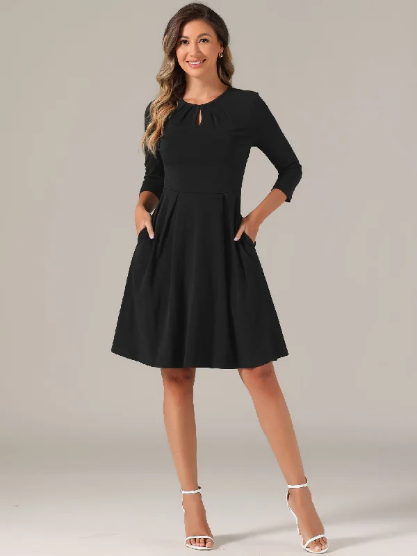 3/4 Sleeve Pleated Keyhole Pockets A-Line Above Knee Dress