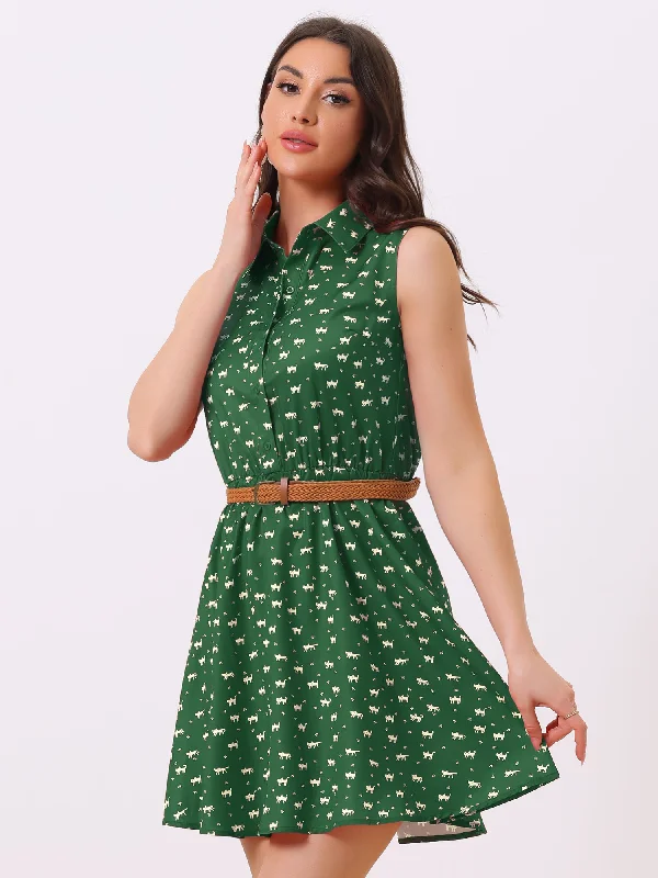 Sleeveless Printed Half Placket Above Knee Belted Dress