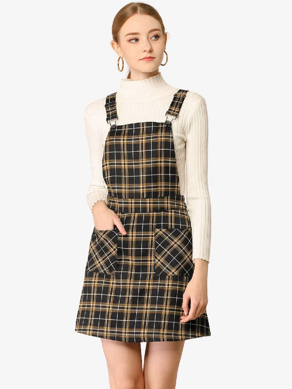 Adjustable Strap Above Knee Plaid Printed Overall Suspender Skirt