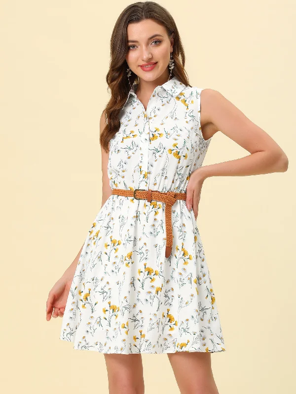 Printed Half Placket Above Knee Sleeveless Belted Dress