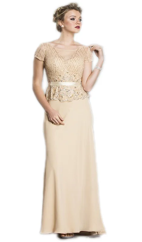 Trevi Collection - Beaded Sheer Peplum Evening Dress